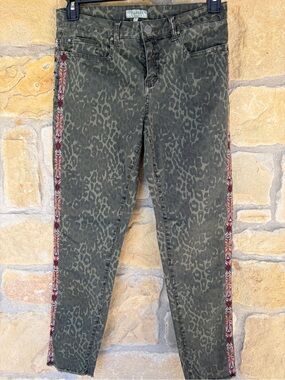 Tru Luxe Jeans Olive Green Leopard Skinny Jeans with Red Embroidered Side Trim